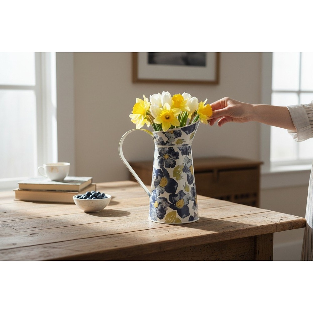 Threshold Pitcher Decorative Metal Floral White Navy Yellow NWOT 10.5in